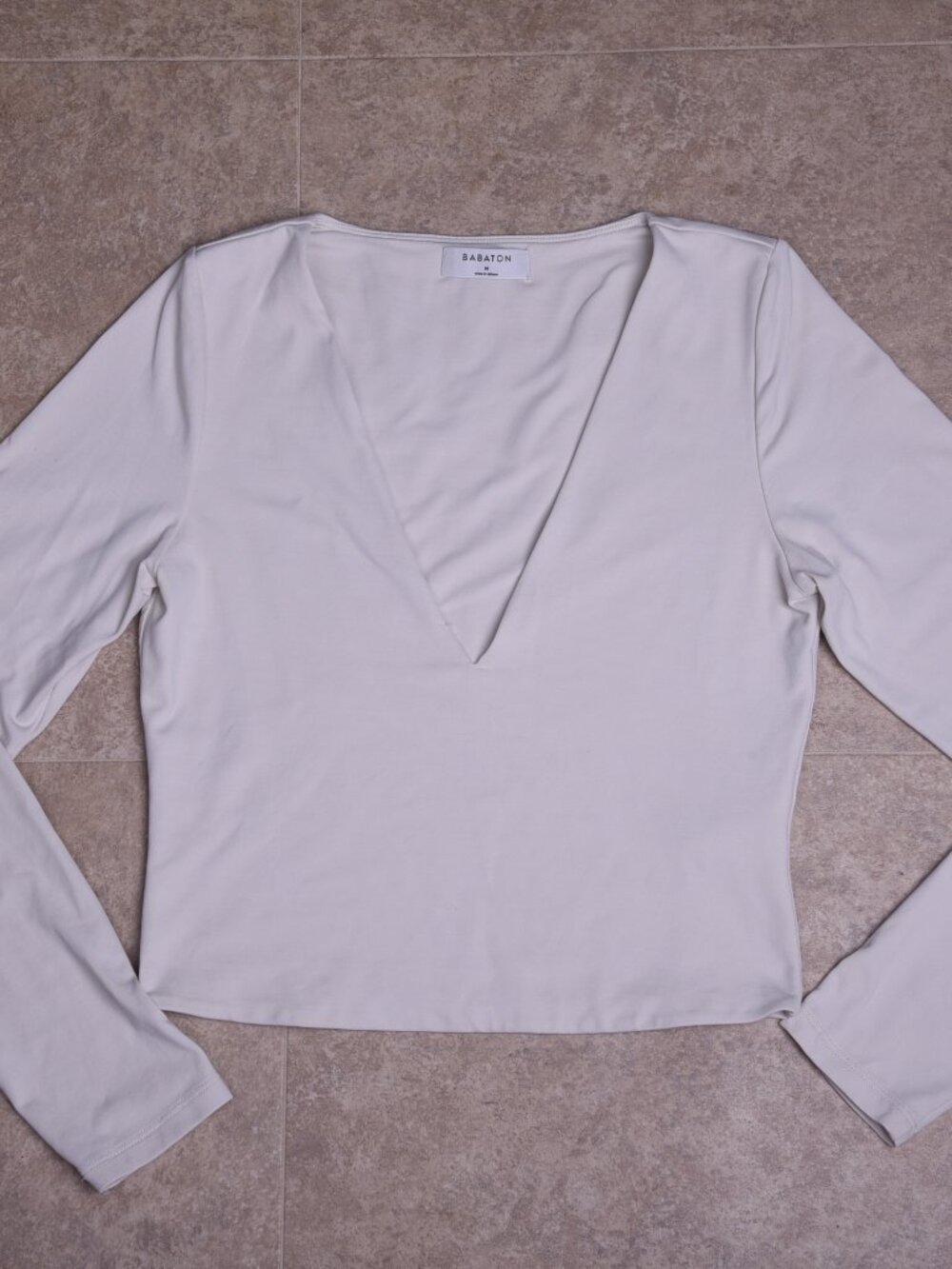 Babaton White Deep V Neck Long Sleeve Top